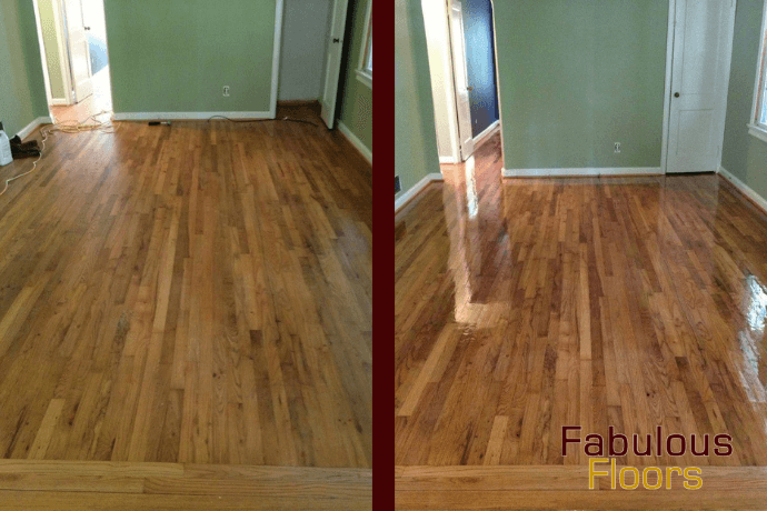 before and after of a hardwood floor resurfacing in Denver, CO