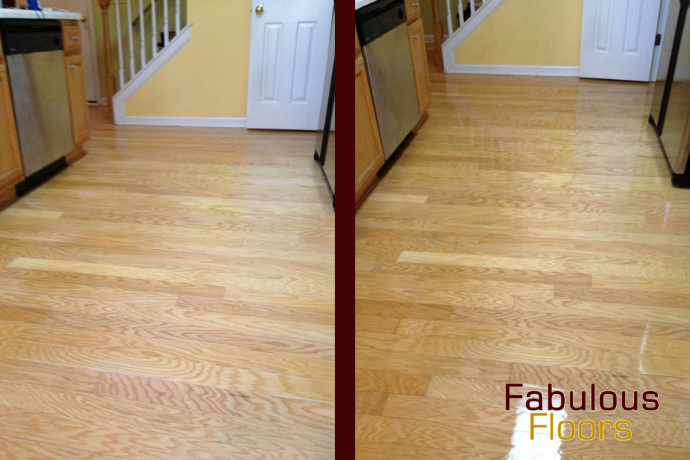 A hardwood floor before and after being resurfaced in the denver area