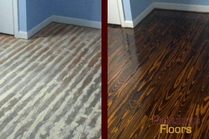 A before and after shot of a hardwood floor refinishing in Silverthorne, CO