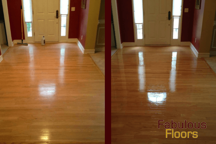 a before and after shot of a hardwood floor resurfacing