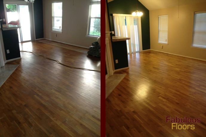before and after of a hardwood floor refinishing project in brighton, co