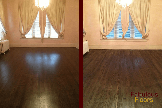 before and after a hardwood floor resurfacing project in englewood, co