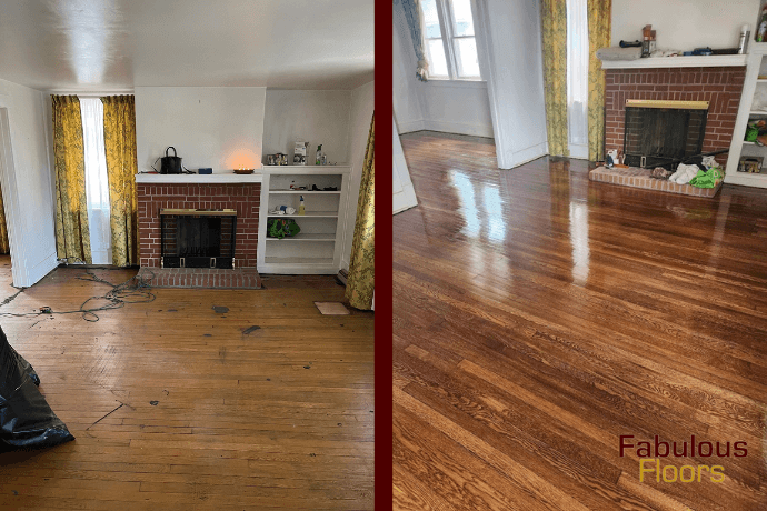 before and after floor refinishing in an evergreen living room