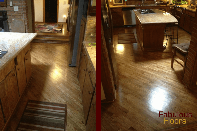 before and after of a hardwood resurfacing job in a northglenn kitchen